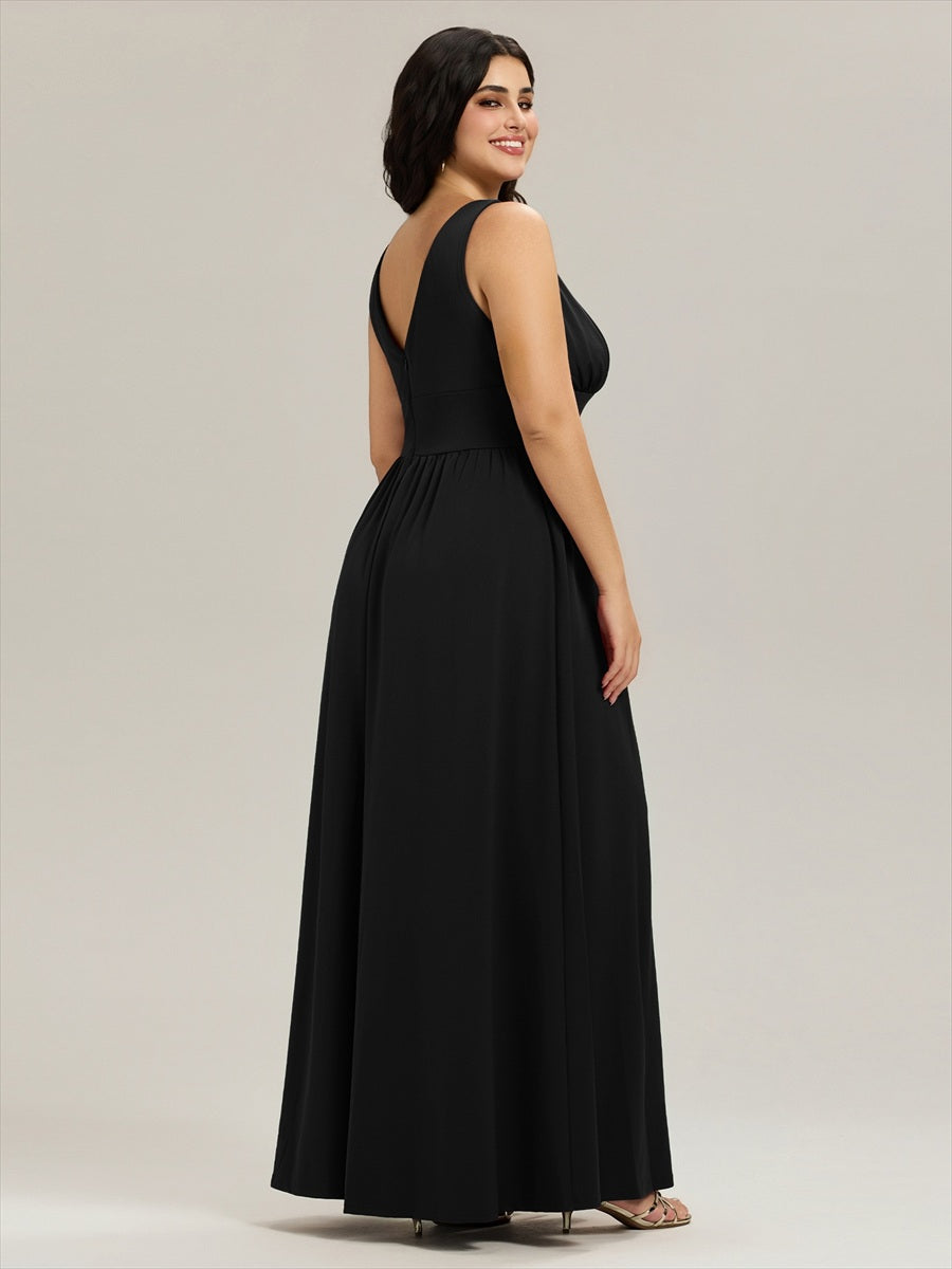 Doppelter V-Ausschnitt A-Linie Lang Ballkleid mit Schlitz Ballkleider #farbe_Schwarz