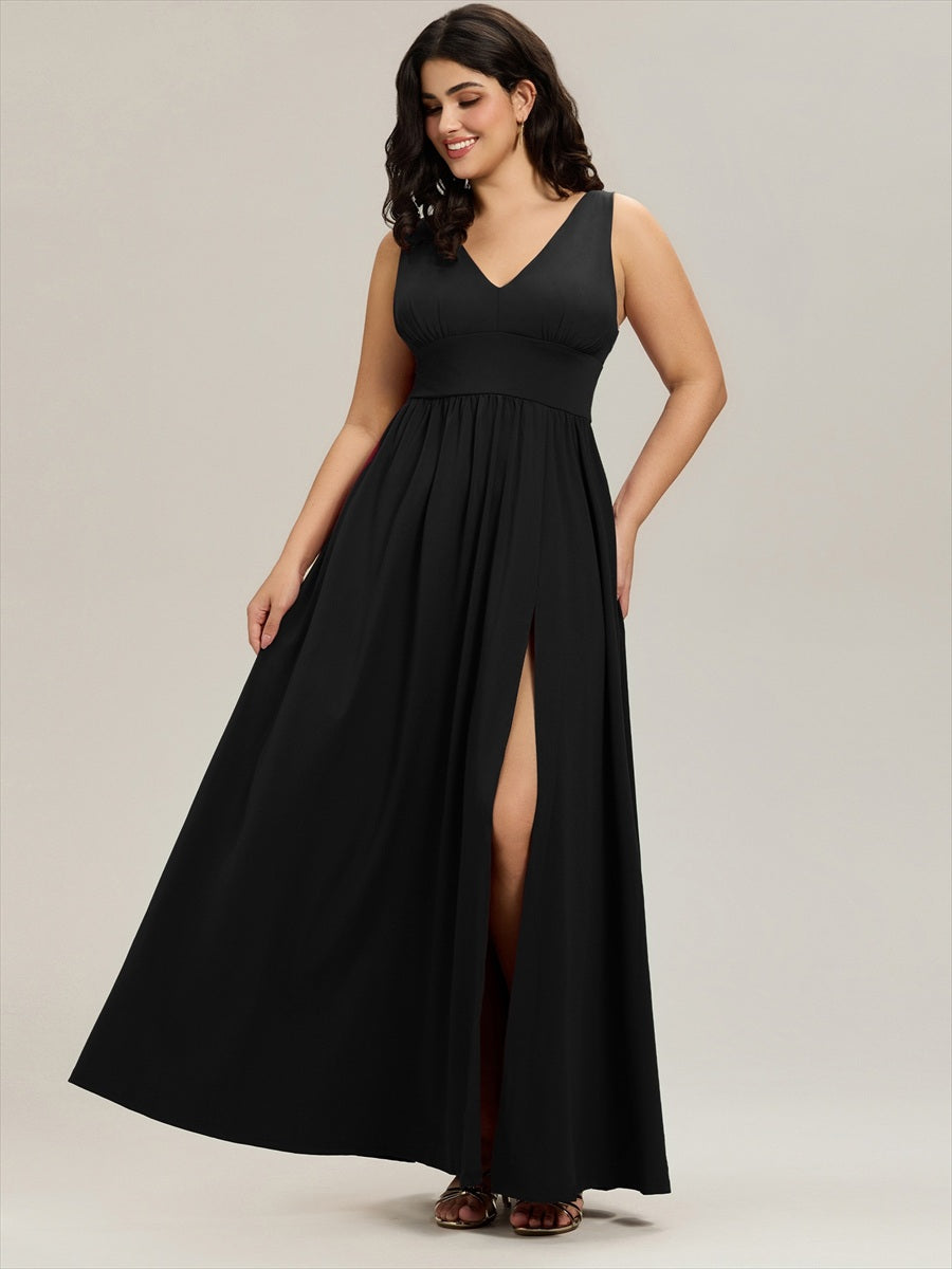Doppelter V-Ausschnitt A-Linie Lang Ballkleid mit Schlitz Ballkleider #farbe_Schwarz