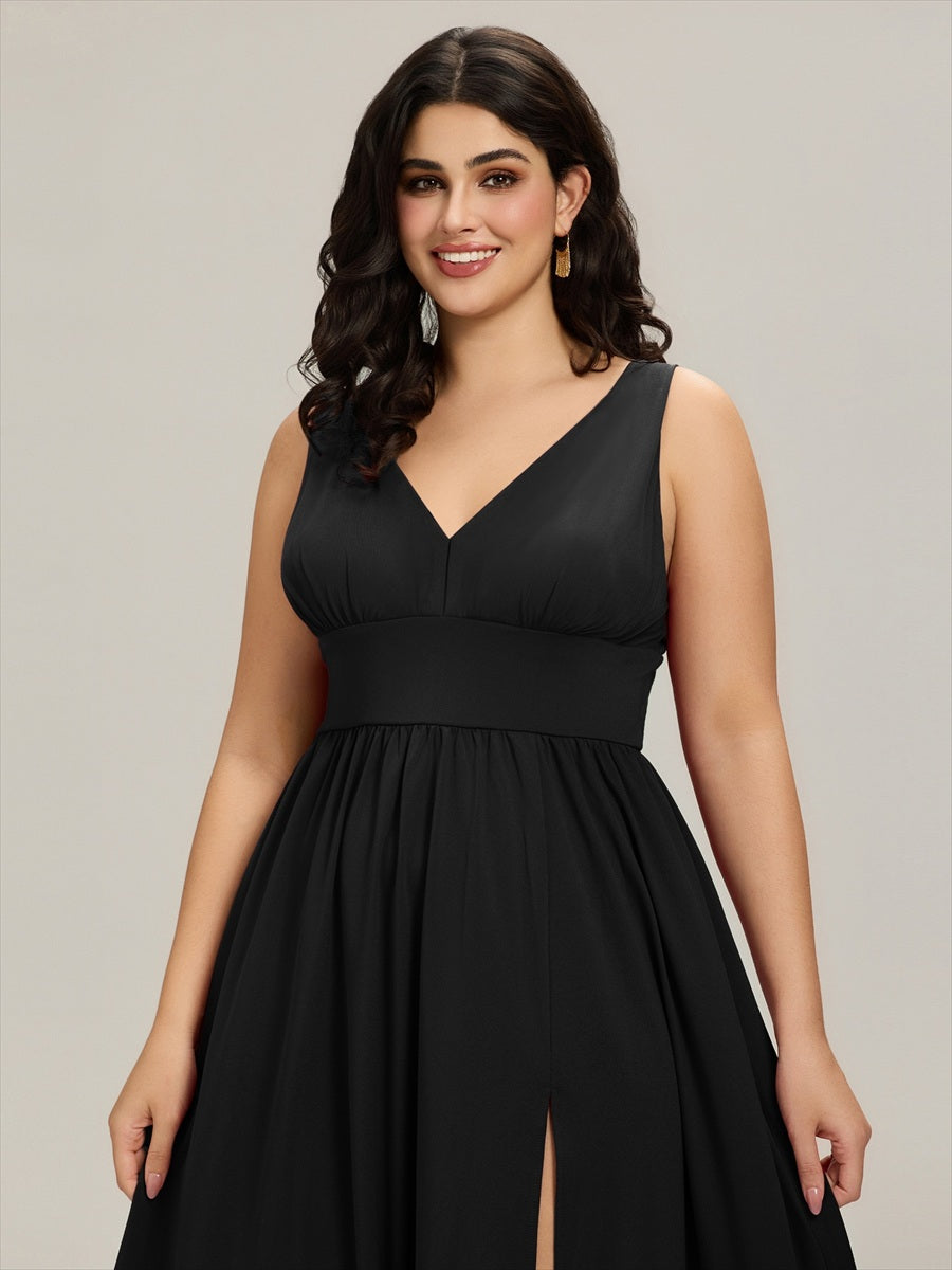 Doppelter V-Ausschnitt A-Linie Lang Ballkleid mit Schlitz Ballkleider #farbe_Schwarz