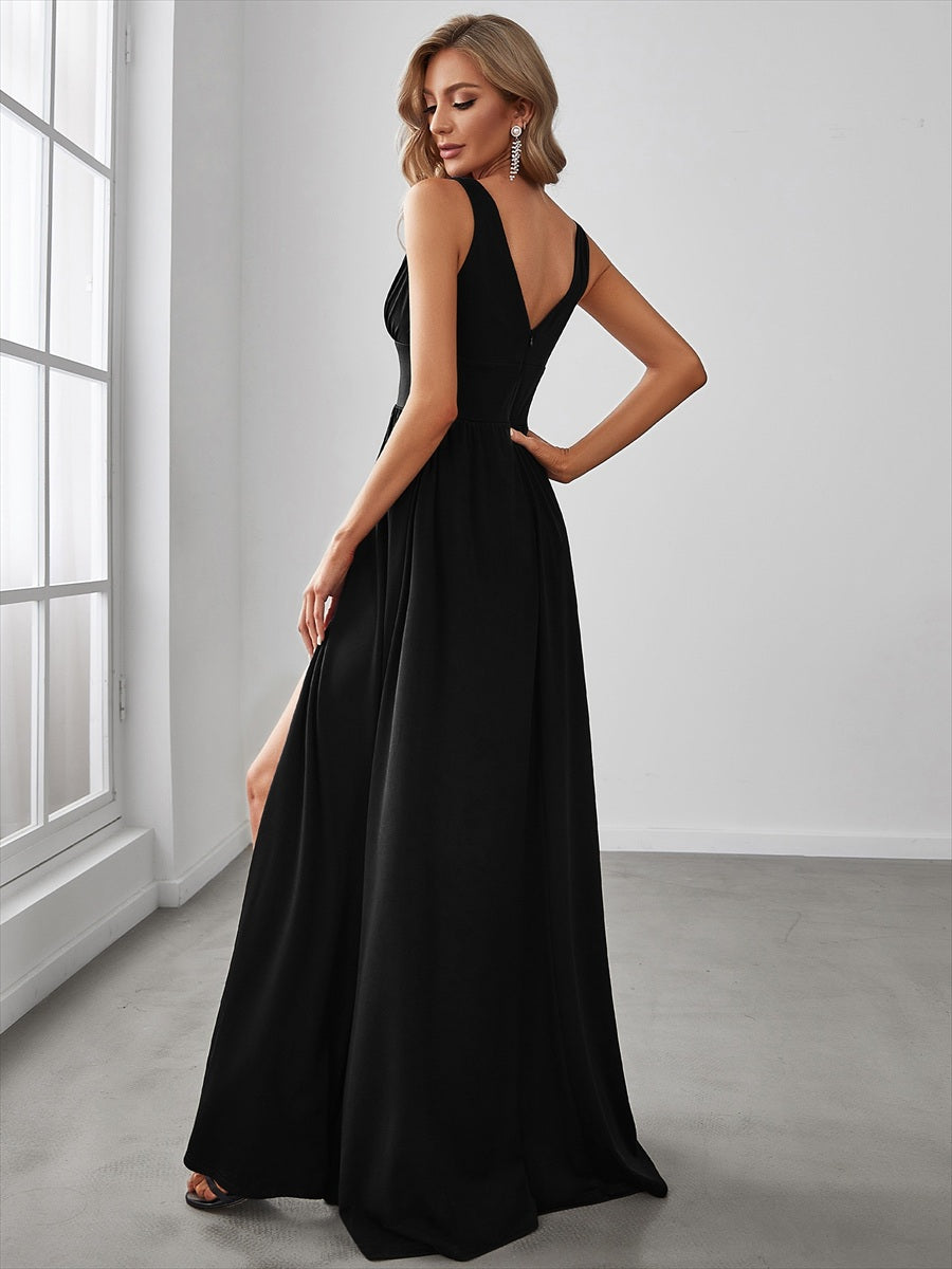 Doppelter V-Ausschnitt A-Linie Lang Ballkleid mit Schlitz Ballkleider #farbe_Schwarz