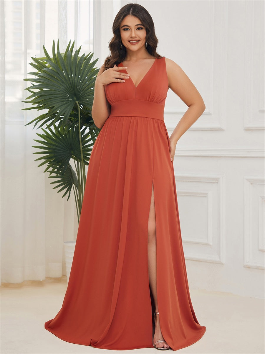 Doppelter V-Ausschnitt A-Linie Lang Ballkleid mit Schlitz Ballkleider #farbe_Gebranntes Orange