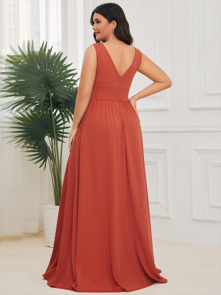 Doppelter V-Ausschnitt A-Linie Lang Ballkleid mit Schlitz Ballkleider #farbe_Gebranntes Orange
