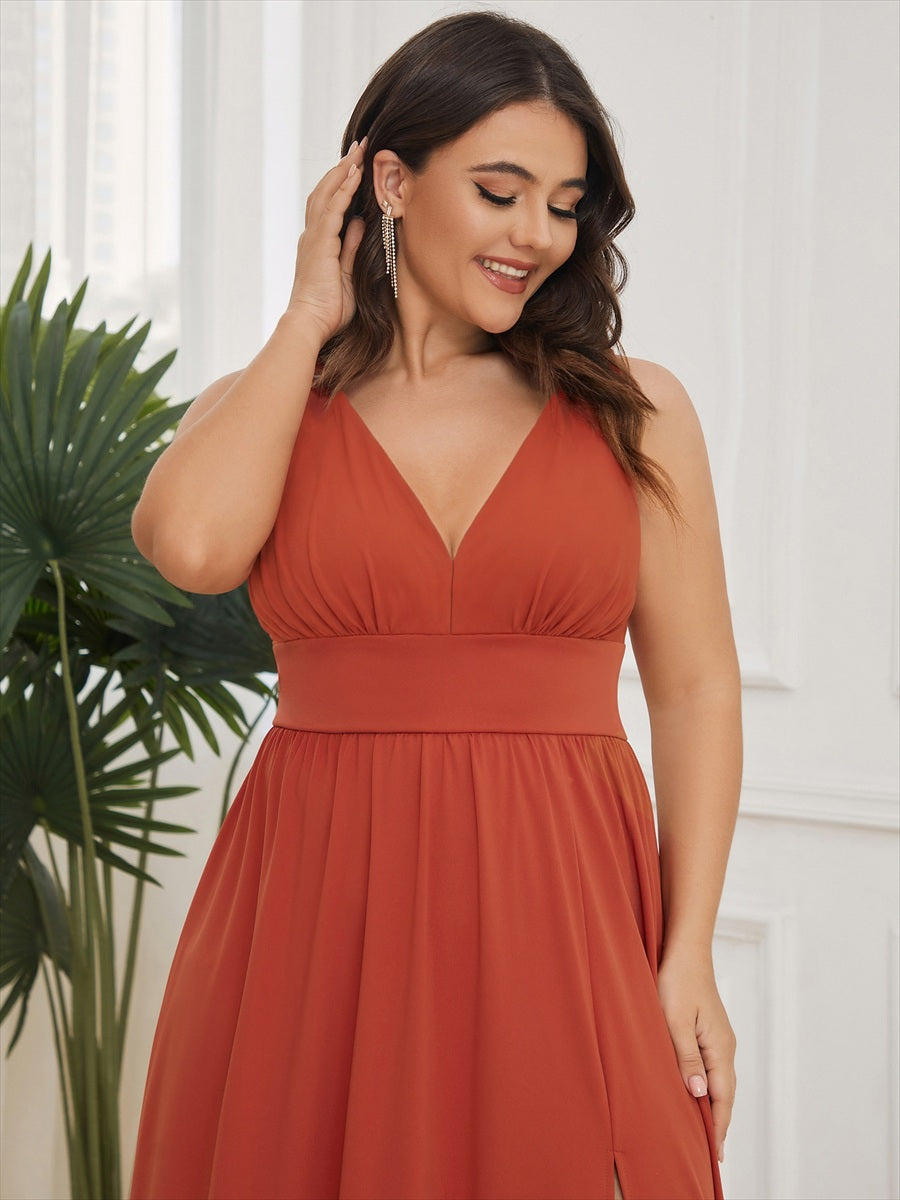 Doppelter V-Ausschnitt A-Linie Lang Ballkleid mit Schlitz Ballkleider #farbe_Gebranntes Orange
