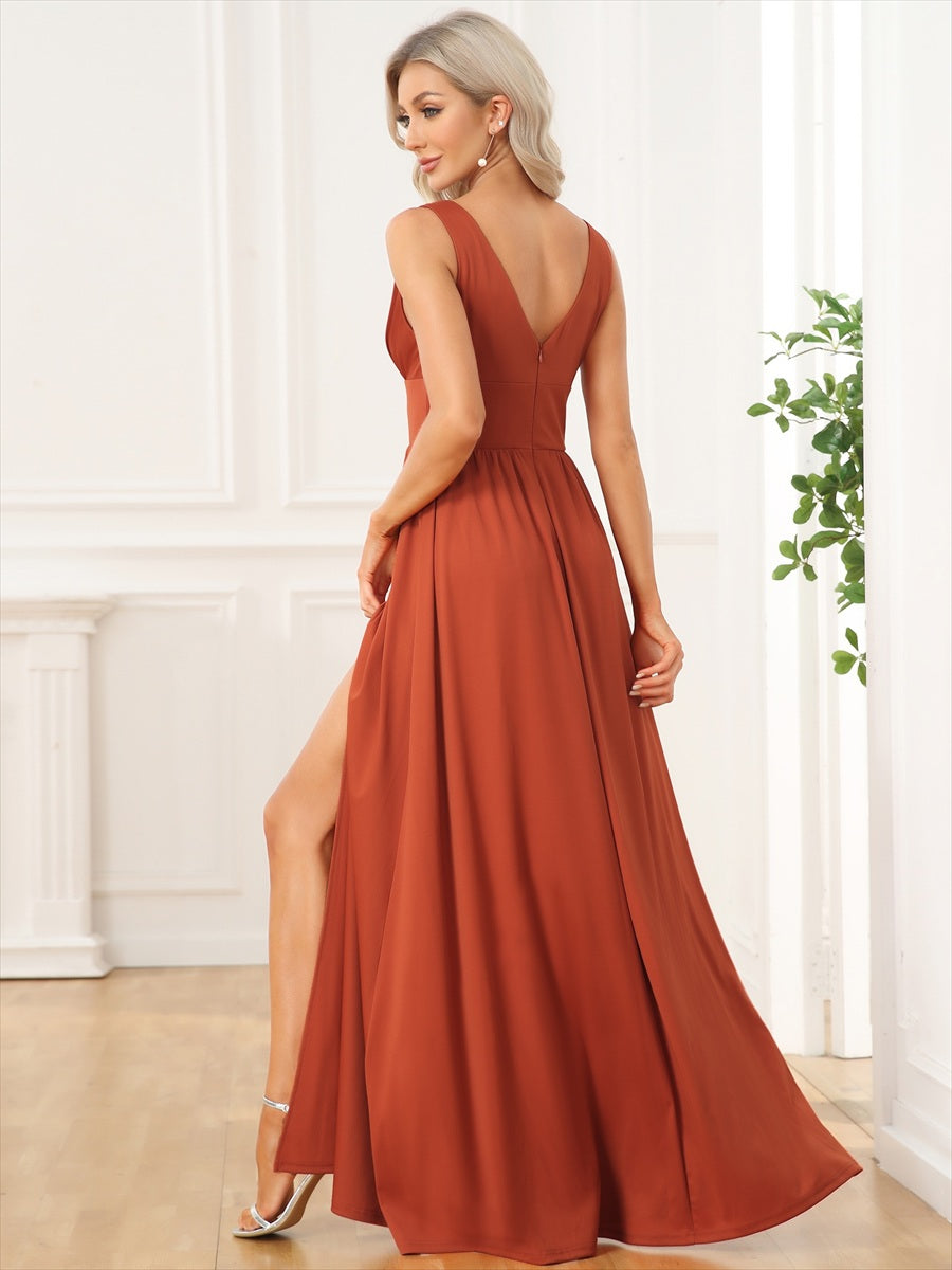Doppelter V-Ausschnitt A-Linie Lang Ballkleid mit Schlitz Ballkleider #farbe_Gebranntes Orange