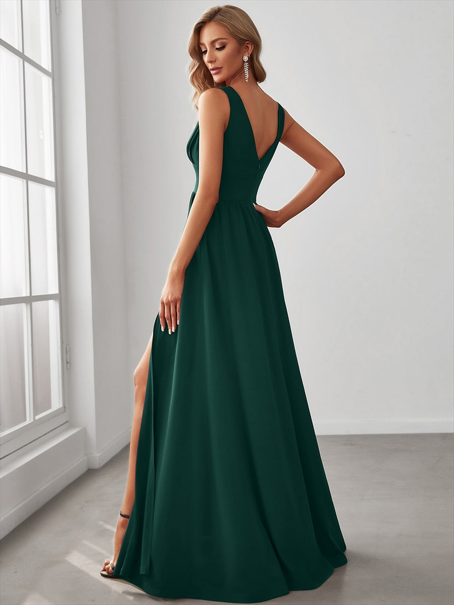 Doppelter V-Ausschnitt A-Linie Lang Ballkleid mit Schlitz Ballkleider #farbe_Dunkelgrün