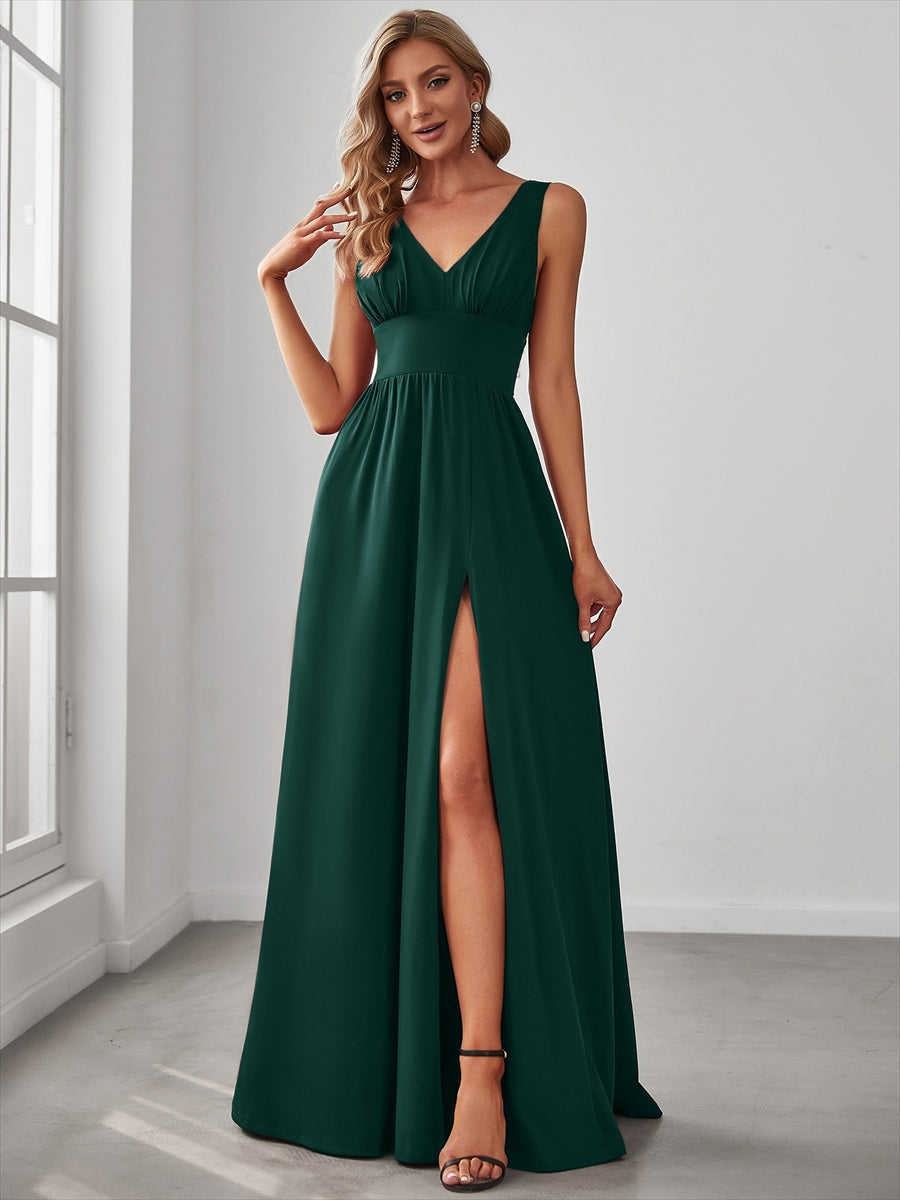 Doppelter V-Ausschnitt A-Linie Lang Ballkleid mit Schlitz Ballkleider #farbe_Dunkelgrün