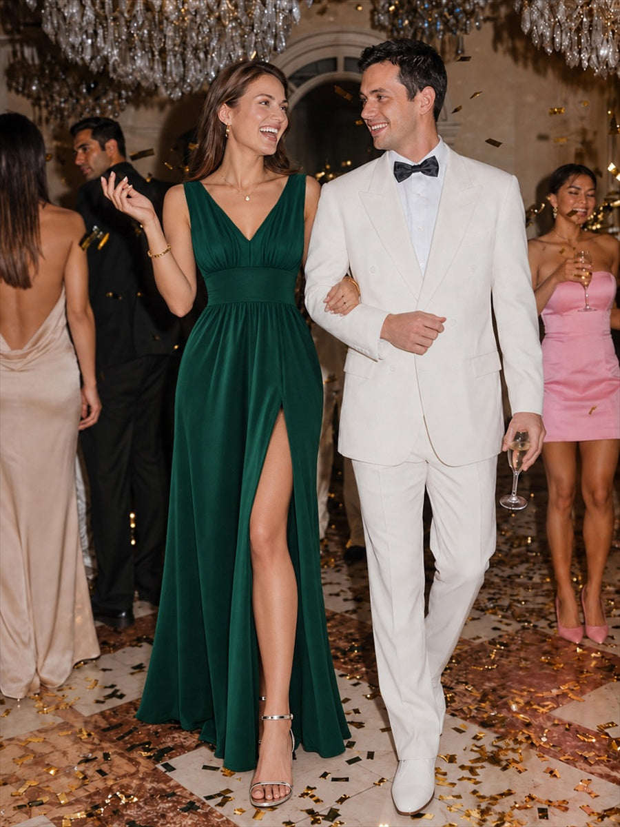 Doppelter V-Ausschnitt A-Linie Lang Ballkleid mit Schlitz Ballkleider #farbe_Dunkelgrün