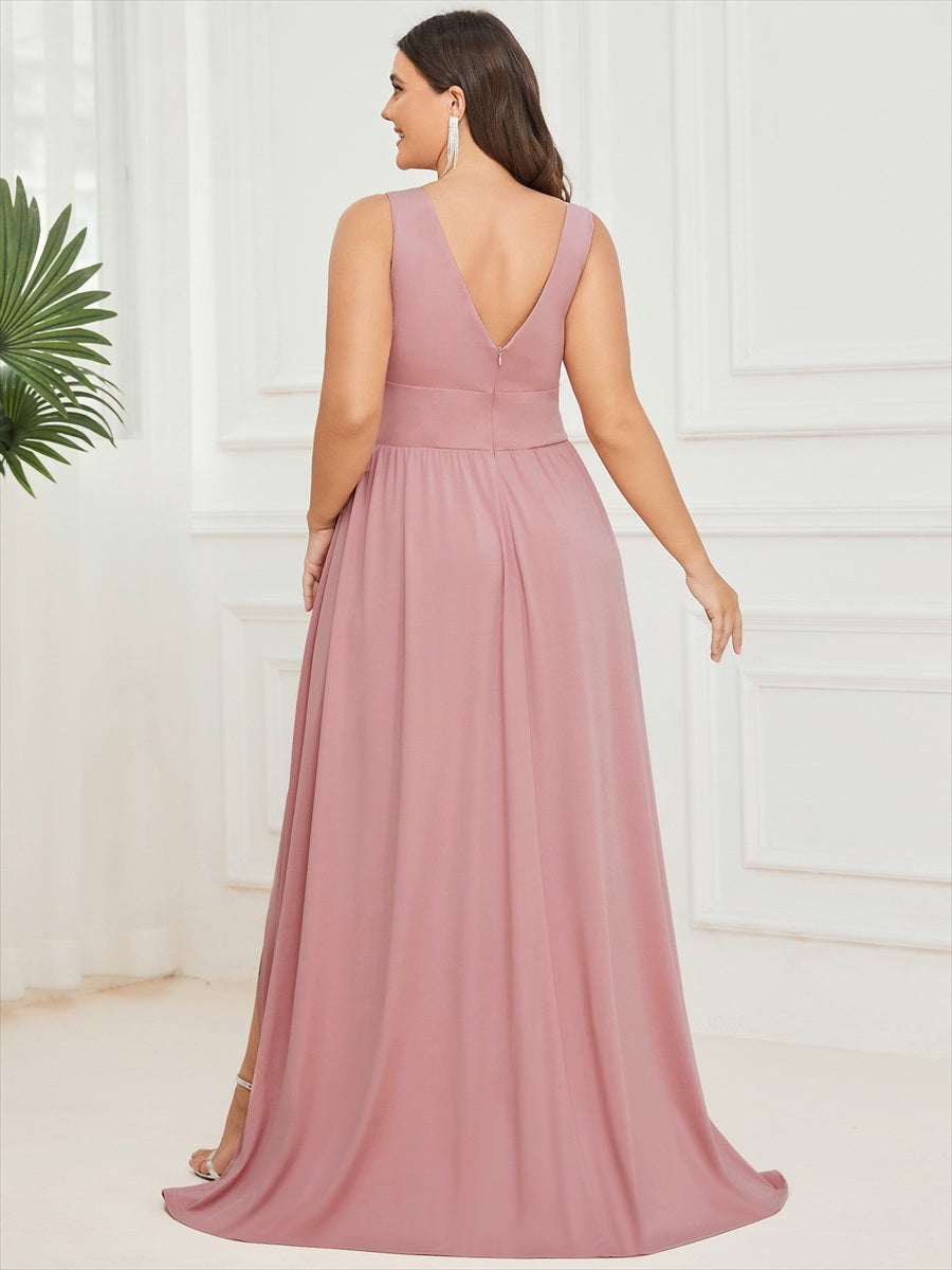 Doppelter V-Ausschnitt A-Linie Lang Ballkleid mit Schlitz Ballkleider #farbe_Altrosa