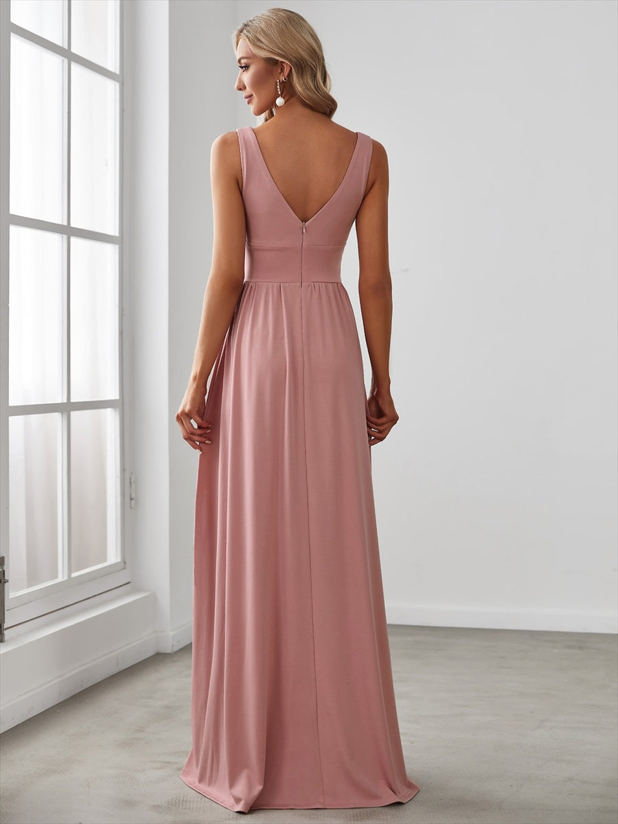 Doppelter V-Ausschnitt A-Linie Lang Ballkleid mit Schlitz Ballkleider #farbe_Altrosa