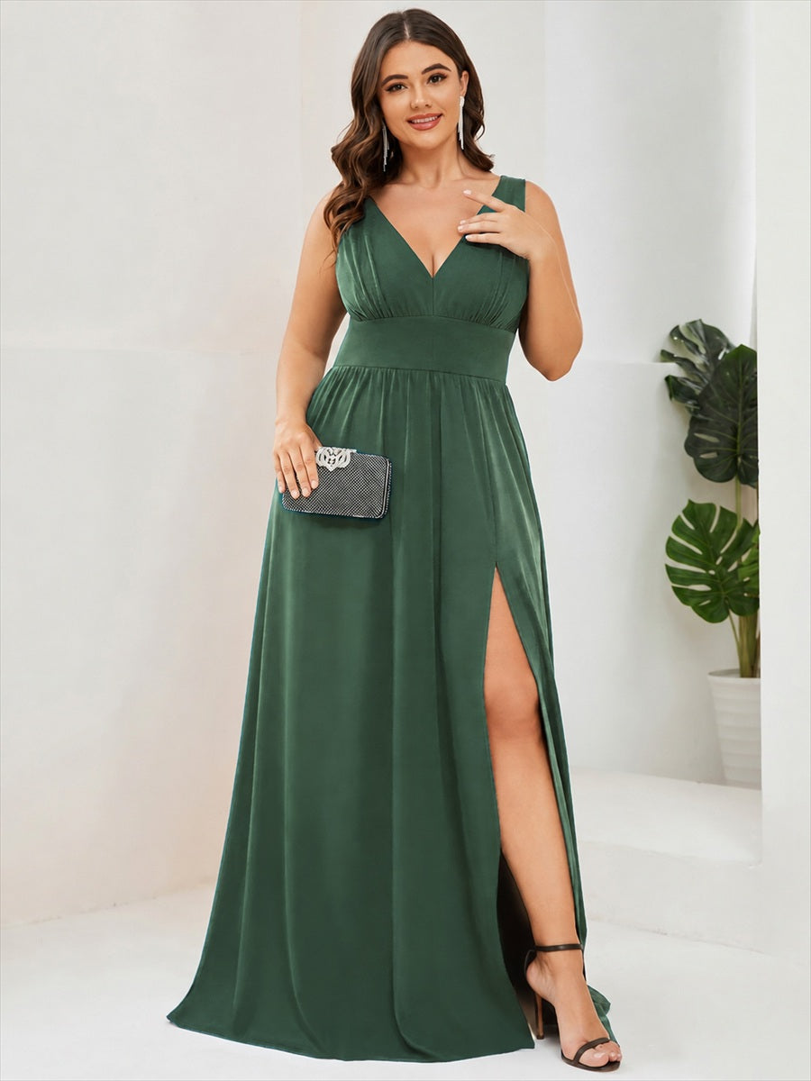 Doppelter V-Ausschnitt A-Linie Lang Ballkleid mit Schlitz Ballkleider #farbe_Eukalyptus