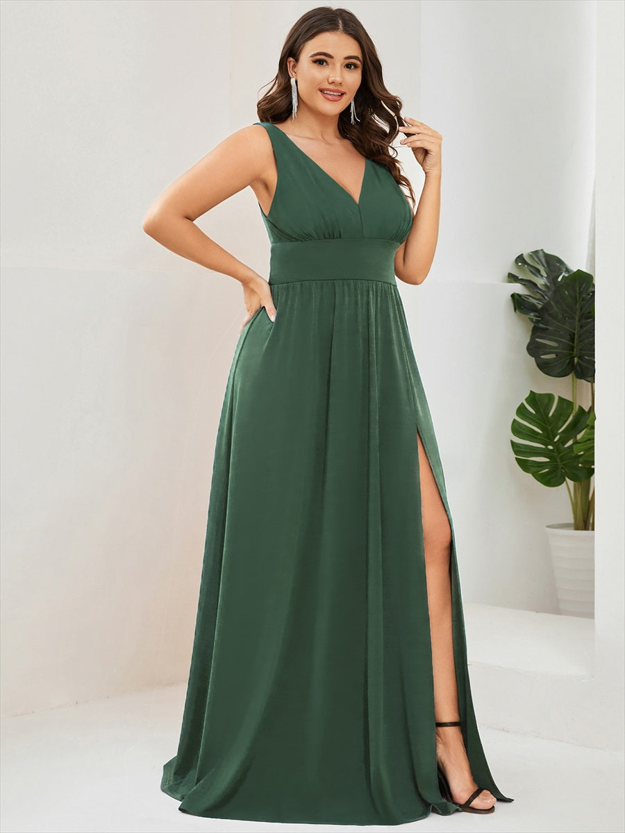 Doppelter V-Ausschnitt A-Linie Lang Ballkleid mit Schlitz Ballkleider #farbe_Eukalyptus