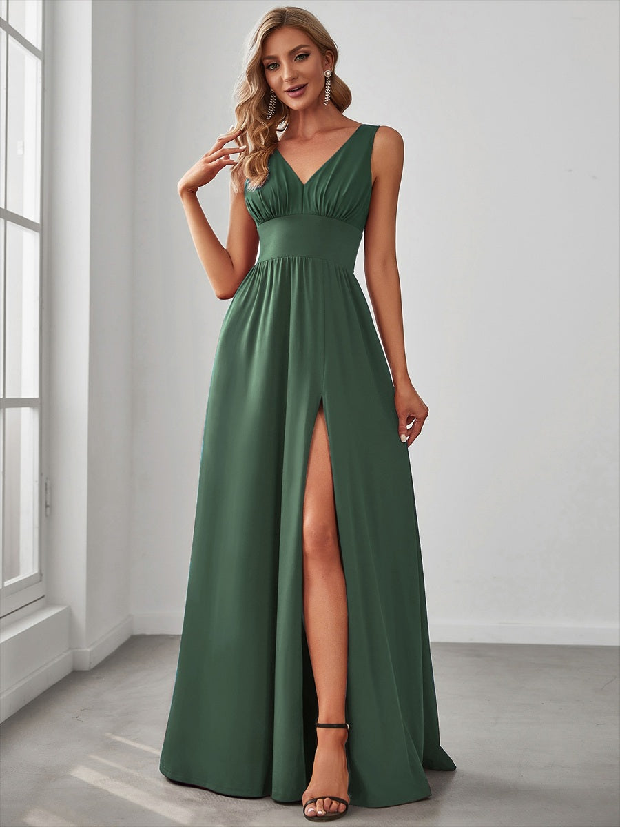 Doppelter V-Ausschnitt A-Linie Lang Ballkleid mit Schlitz Ballkleider #farbe_Eukalyptus