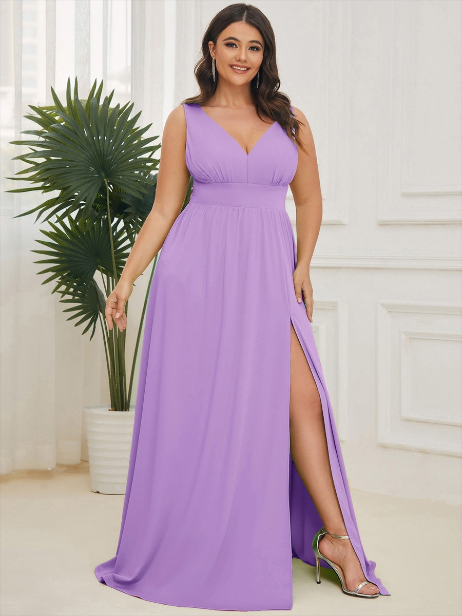 Doppelter V-Ausschnitt A-Linie Lang Ballkleid mit Schlitz Ballkleider #farbe_Lavendel