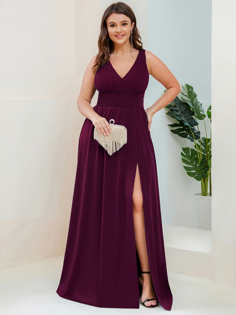 Doppelter V-Ausschnitt A-Linie Lang Ballkleid mit Schlitz Ballkleider #farbe_Maulbeerrot
