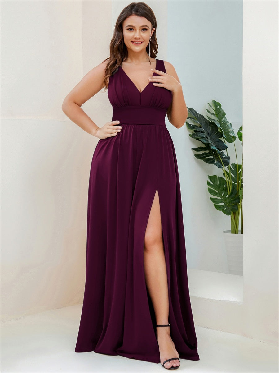 Doppelter V-Ausschnitt A-Linie Lang Ballkleid mit Schlitz Ballkleider #farbe_Maulbeerrot