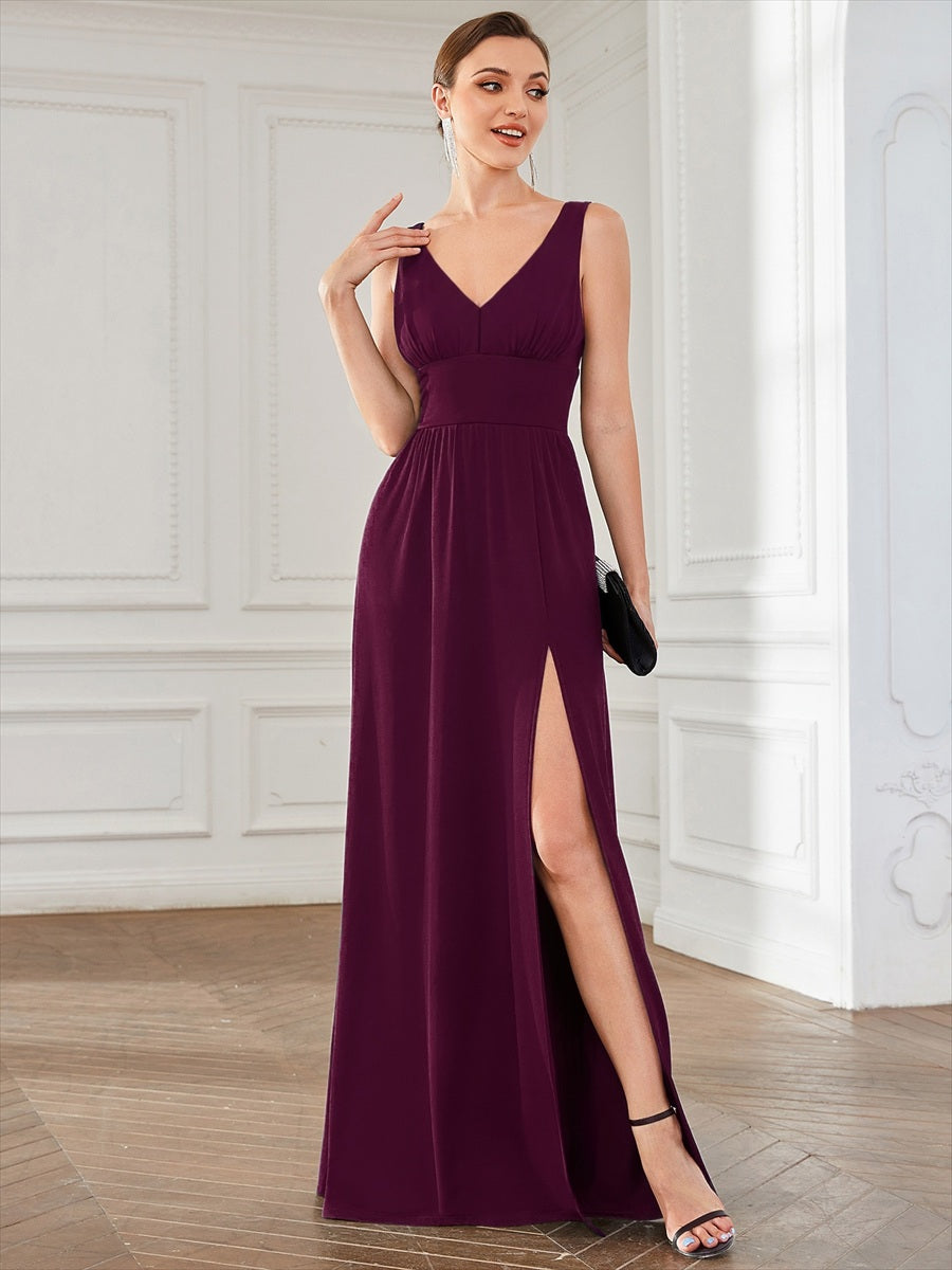 Doppelter V-Ausschnitt A-Linie Lang Ballkleid mit Schlitz Ballkleider #farbe_Maulbeerrot