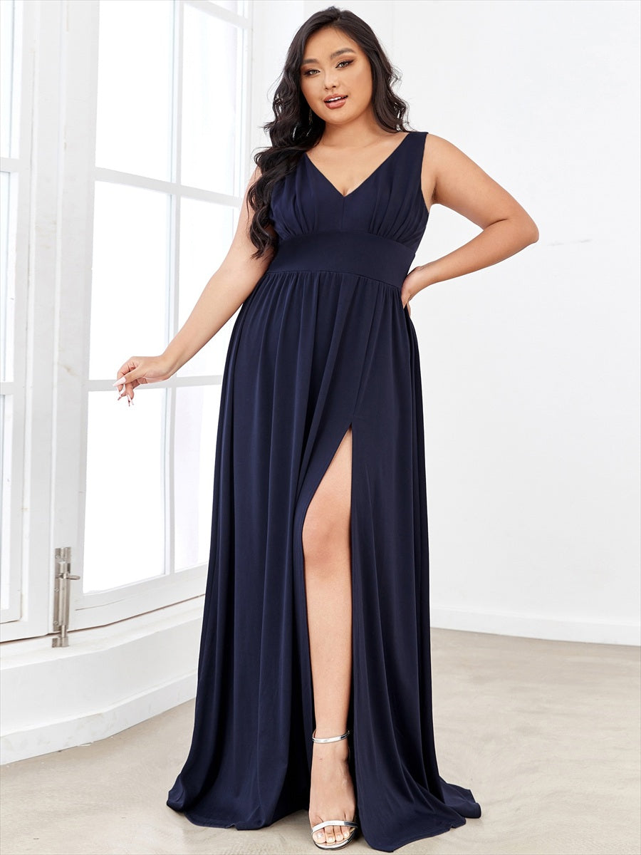 Doppelter V-Ausschnitt A-Linie Lang Ballkleid mit Schlitz Ballkleider #farbe_Marineblau