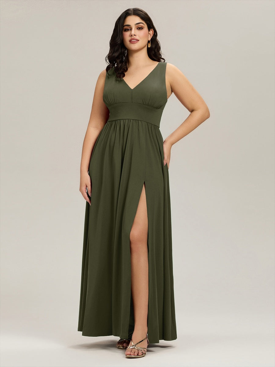 Doppelter V-Ausschnitt A-Linie Lang Ballkleid mit Schlitz Ballkleider #farbe_Olivgrün