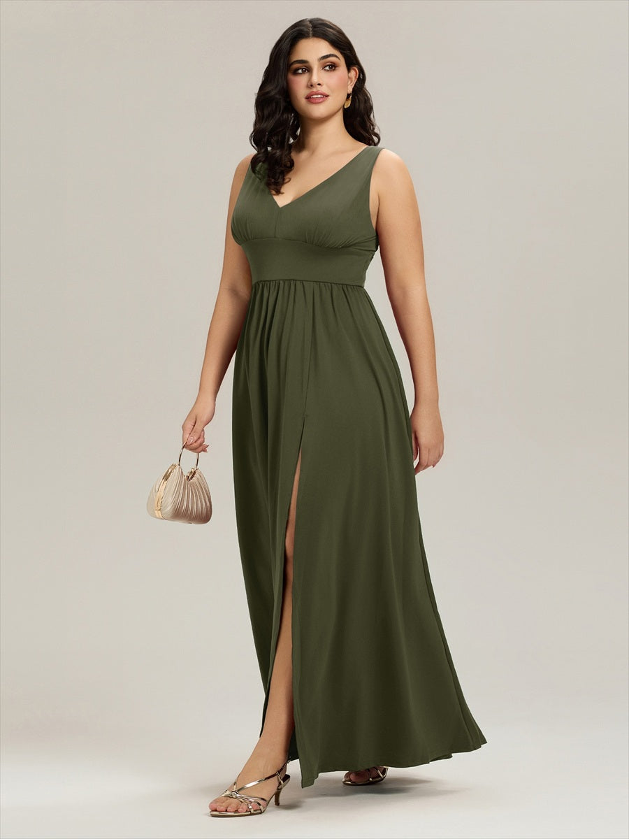Doppelter V-Ausschnitt A-Linie Lang Ballkleid mit Schlitz Ballkleider #farbe_Olivgrün