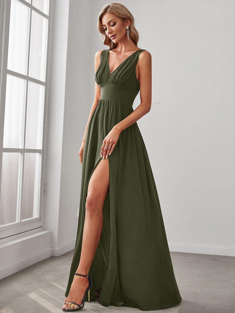 Doppelter V-Ausschnitt A-Linie Lang Ballkleid mit Schlitz Ballkleider #farbe_Olivgrün