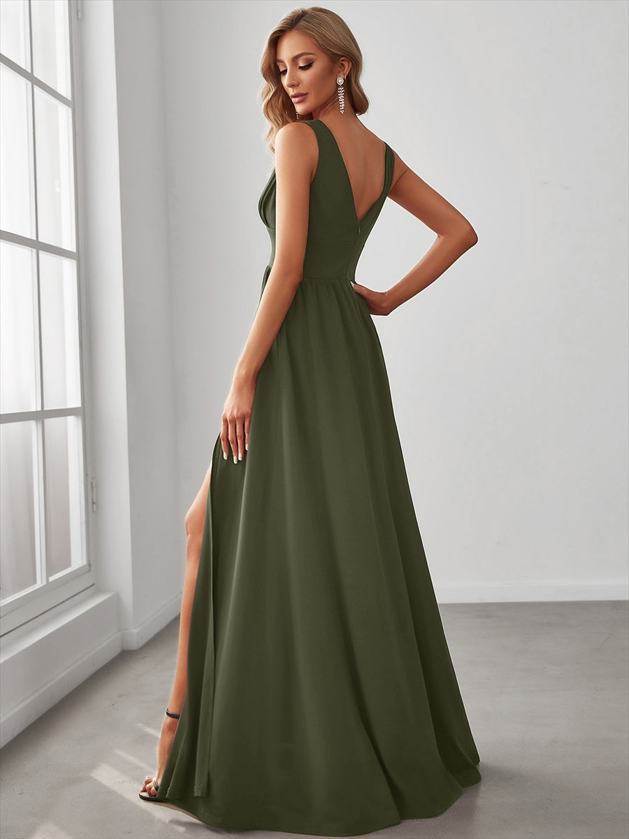 Doppelter V-Ausschnitt A-Linie Lang Ballkleid mit Schlitz Ballkleider #farbe_Olivgrün