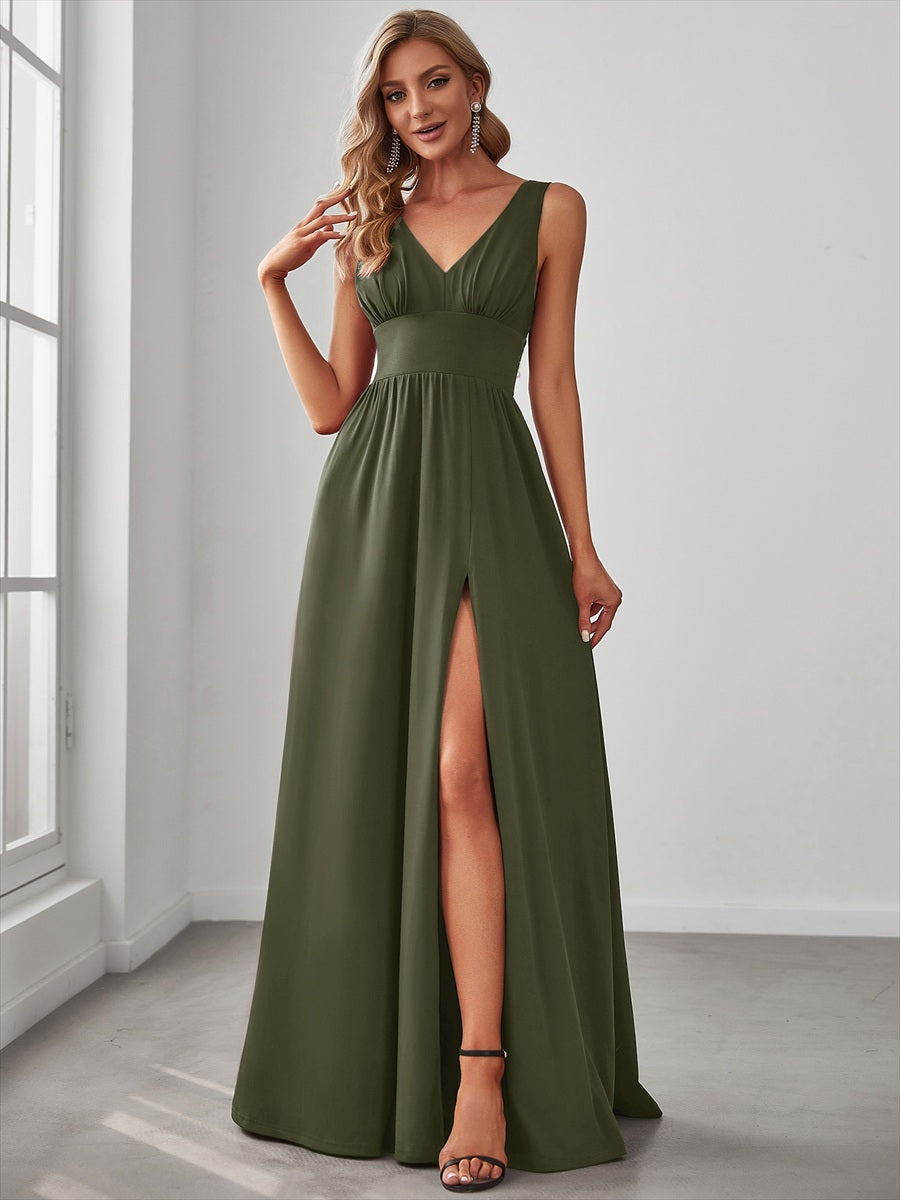 Doppelter V-Ausschnitt A-Linie Lang Ballkleid mit Schlitz Ballkleider #farbe_Olivgrün