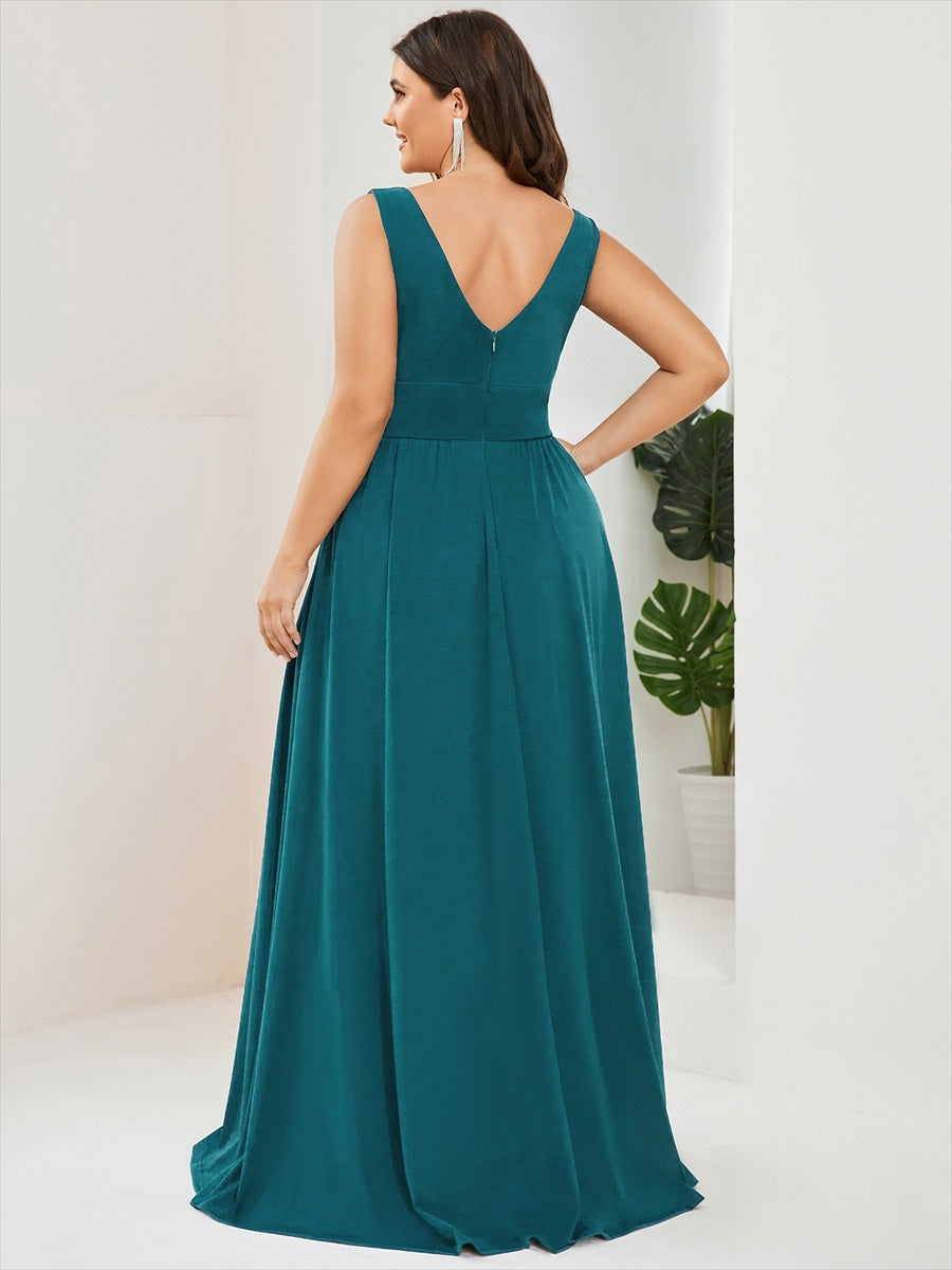 Doppelter V-Ausschnitt A-Linie Lang Ballkleid mit Schlitz Ballkleider #farbe_Petrol
