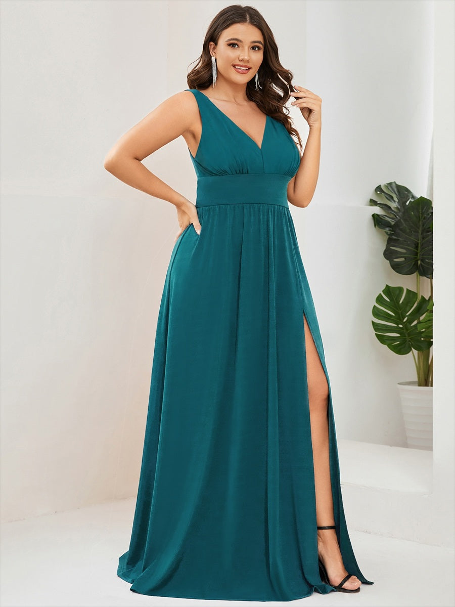 Doppelter V-Ausschnitt A-Linie Lang Ballkleid mit Schlitz Ballkleider #farbe_Petrol
