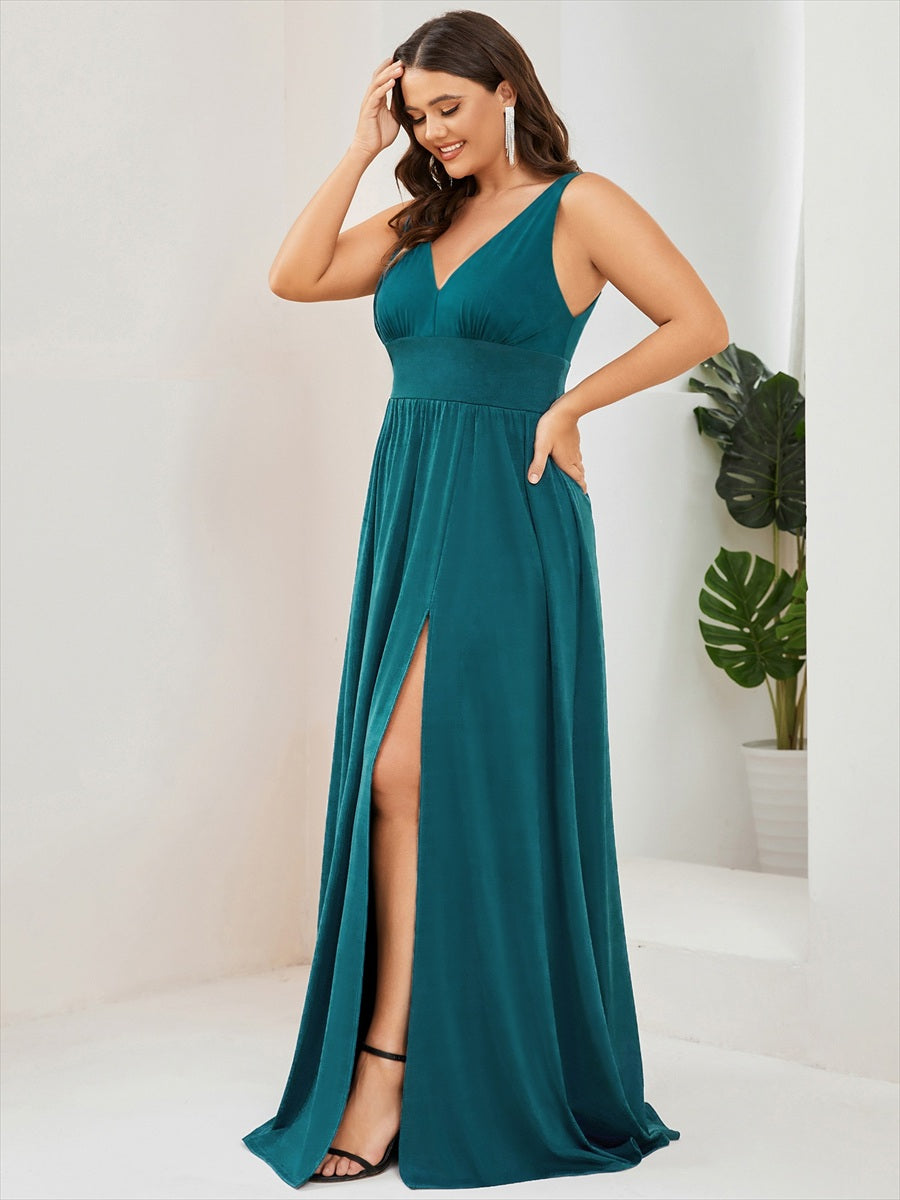 Doppelter V-Ausschnitt A-Linie Lang Ballkleid mit Schlitz Ballkleider #farbe_Petrol