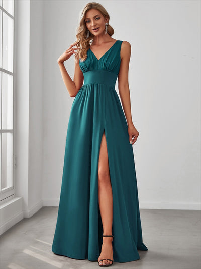 Doppelter V-Ausschnitt A-Linie Lang Ballkleid mit Schlitz Ballkleider #farbe_Petrol