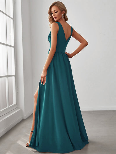 Doppelter V-Ausschnitt A-Linie Lang Ballkleid mit Schlitz Ballkleider #farbe_Petrol