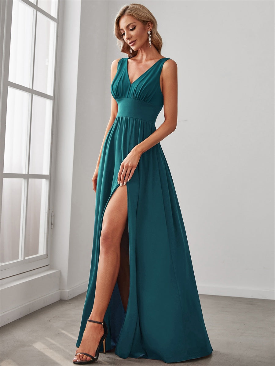 Doppelter V-Ausschnitt A-Linie Lang Ballkleid mit Schlitz Ballkleider #farbe_Petrol