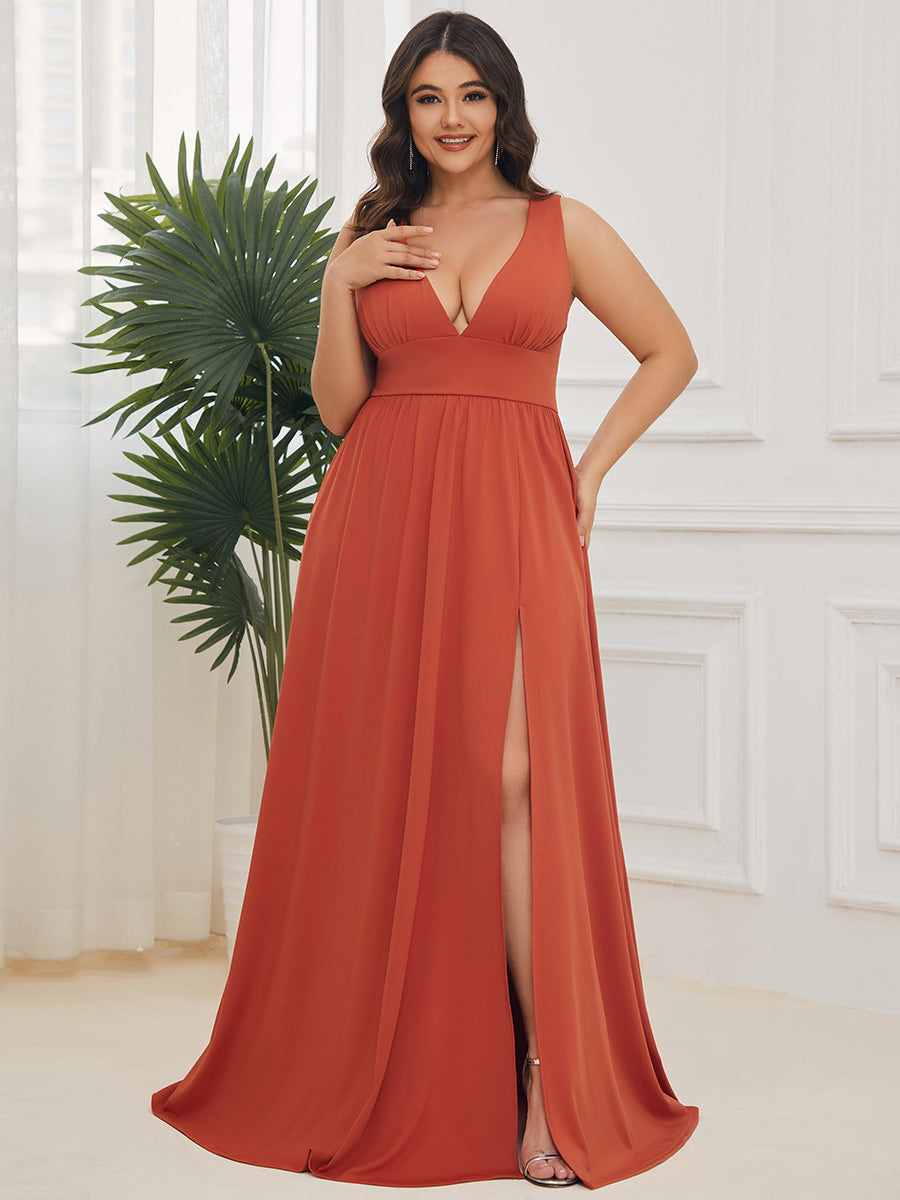 Doppelter V-Ausschnitt A-Linie Lang Ballkleid mit Schlitz Ballkleider #farbe_Gebranntes Orange