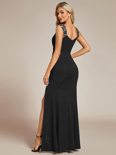 Bodenlanger Herzausschnitt Meerjungfrau Strickkleid Mit Oberschenkelhohem Schlitz Und Pailletten Details Kleid #Farbe_Schwarz
