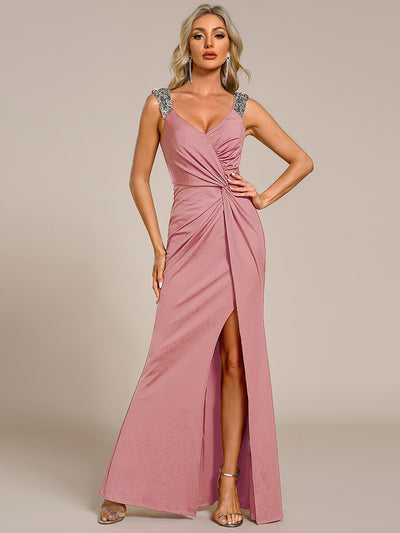 Bodenlanger Herzausschnitt Meerjungfrau Strickkleid Mit Oberschenkelhohem Schlitz Und Pailletten Details Kleid #Farbe_Altrosa