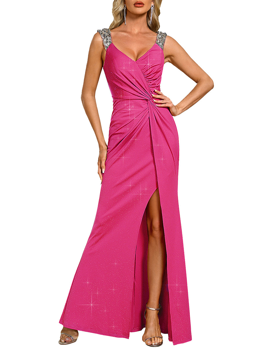 Bodenlanger Herzausschnitt Meerjungfrau Strickkleid Mit Oberschenkelhohem Schlitz Und Pailletten Details Kleid #Farbe_Knallpink