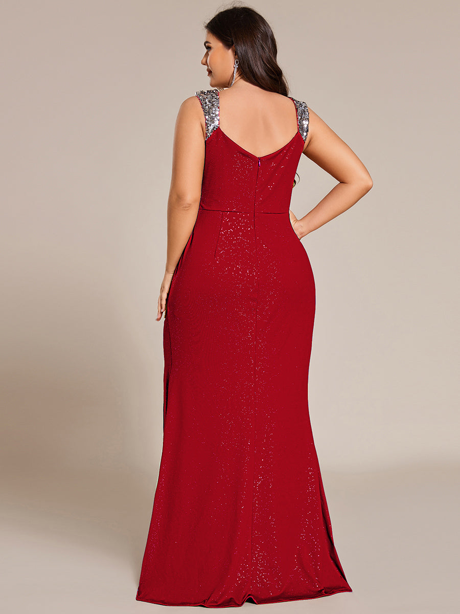 Bodenlanger Herzausschnitt Meerjungfrau Strickkleid Mit Oberschenkelhohem Schlitz Und Pailletten Details Kleid #Farbe_Rot