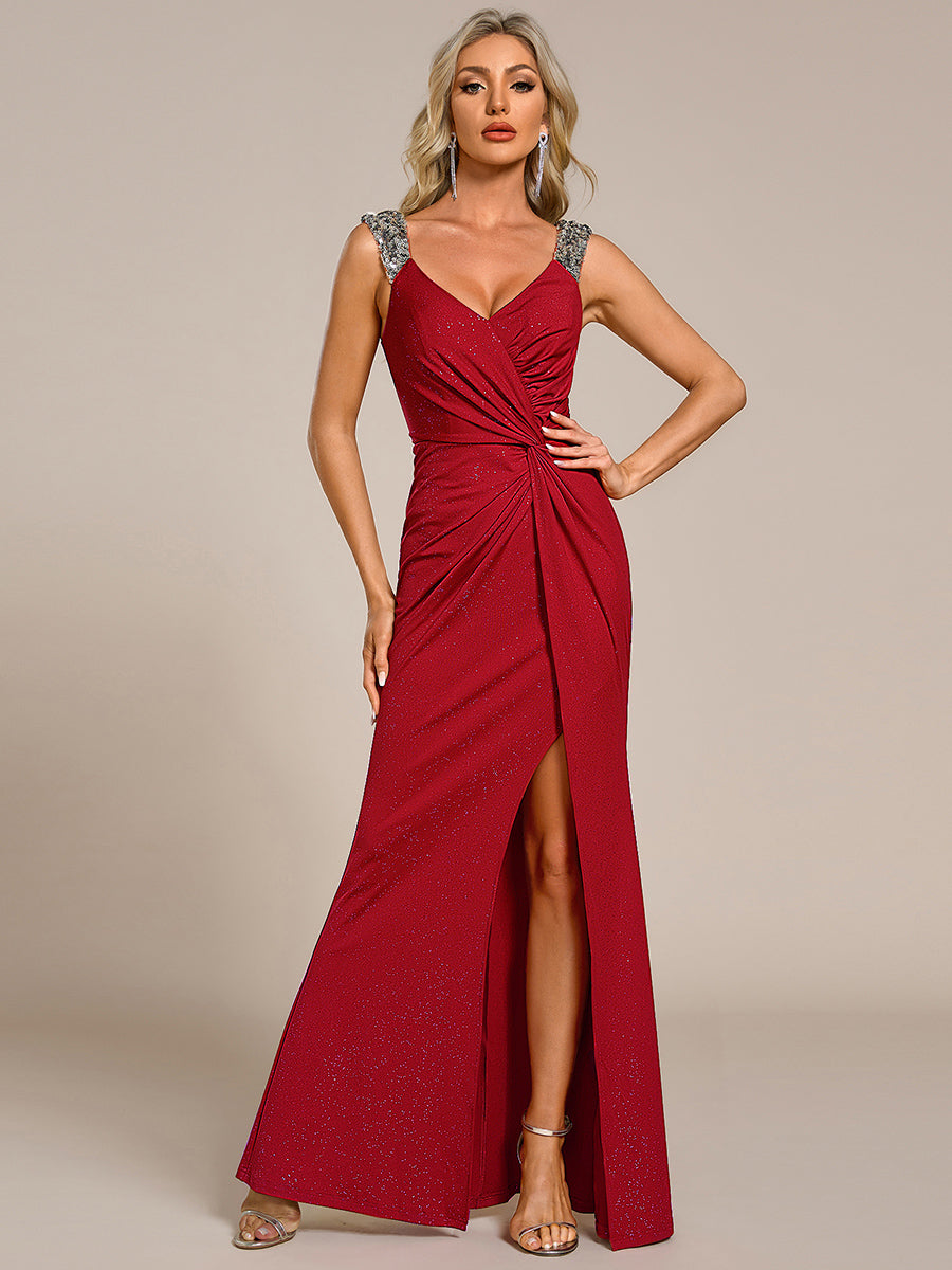 Bodenlanger Herzausschnitt Meerjungfrau Strickkleid Mit Oberschenkelhohem Schlitz Und Pailletten Details Kleid #Farbe_Rot