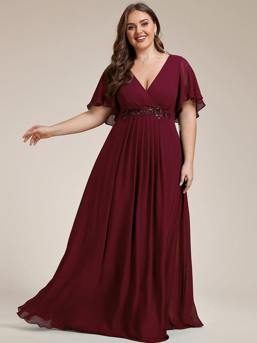 Funkelndes Abendkleid in A-Linie mit Empire-Taille und langen ?rmeln #farbe_Burgundy