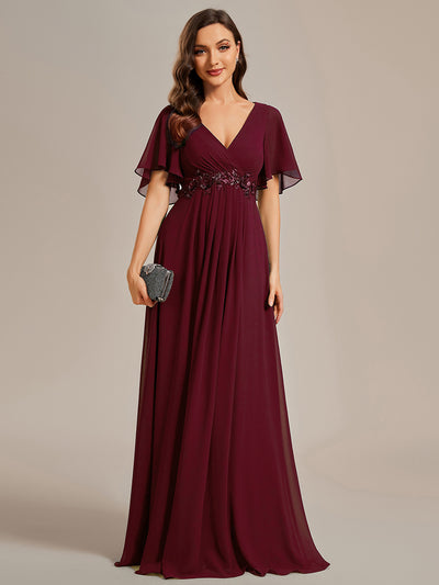 Funkelndes Abendkleid in A-Linie mit Empire-Taille und langen ?rmeln #farbe_Burgunderrot