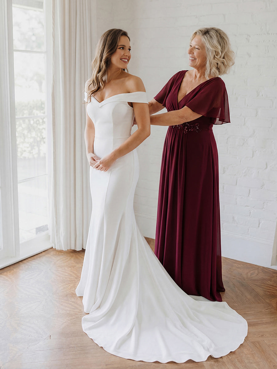 Funkelndes Abendkleid in A-Linie mit Empire-Taille und langen ?rmeln #farbe_Burgunderrot
