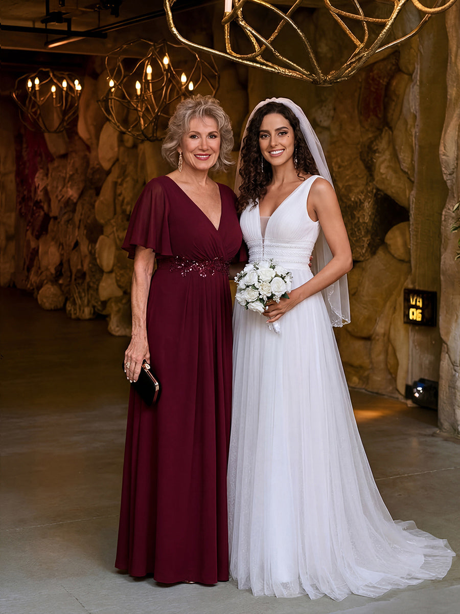 Funkelndes Abendkleid in A-Linie mit Empire-Taille und langen ?rmeln #farbe_Burgunderrot