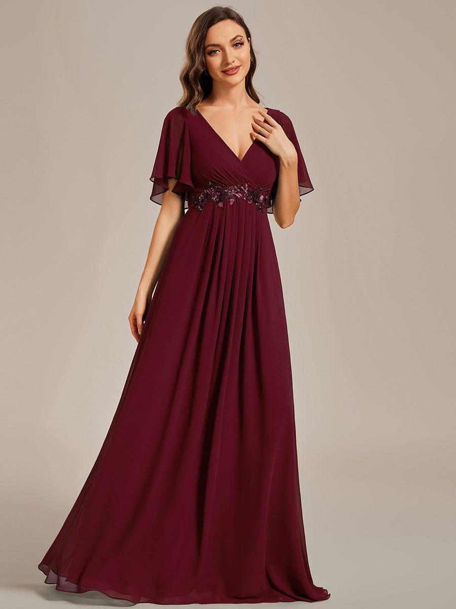 Funkelndes Abendkleid in A-Linie mit Empire-Taille und langen ?rmeln #farbe_Burgundy