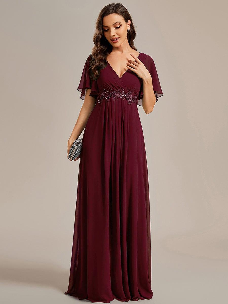 Funkelndes Abendkleid in A-Linie mit Empire-Taille und langen ?rmeln #farbe_Burgundy