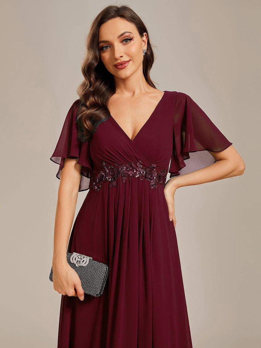 Funkelndes Abendkleid in A-Linie mit Empire-Taille und langen ?rmeln #farbe_Burgundy