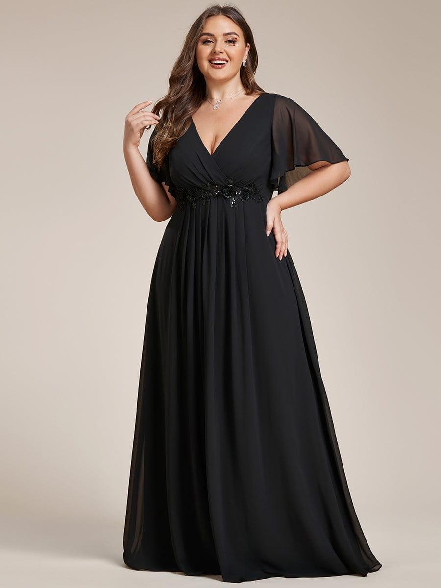 Funkelndes Abendkleid in A-Linie mit Empire-Taille und langen ?rmeln #farbe_Schwarz