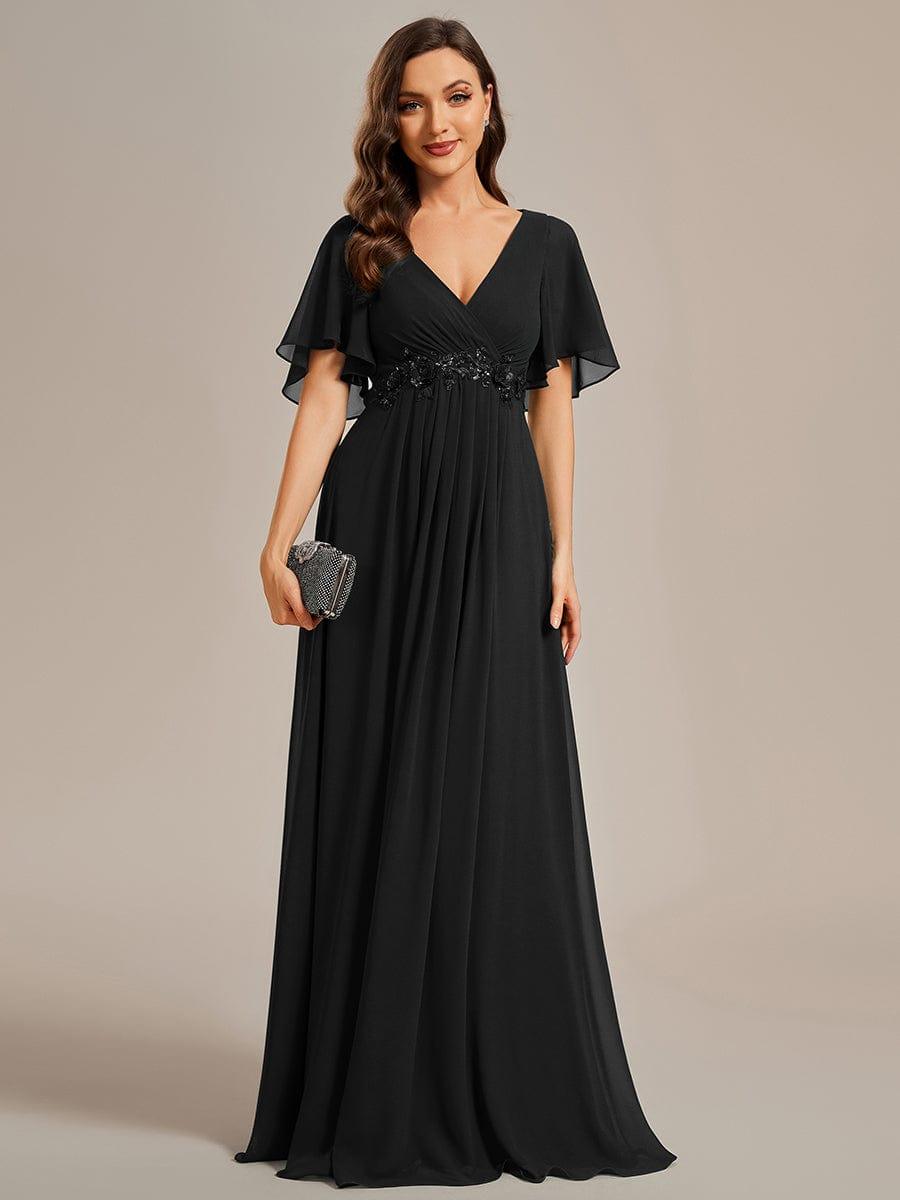 Funkelndes Abendkleid in A-Linie mit Empire-Taille und langen ?rmeln #farbe_Schwarz