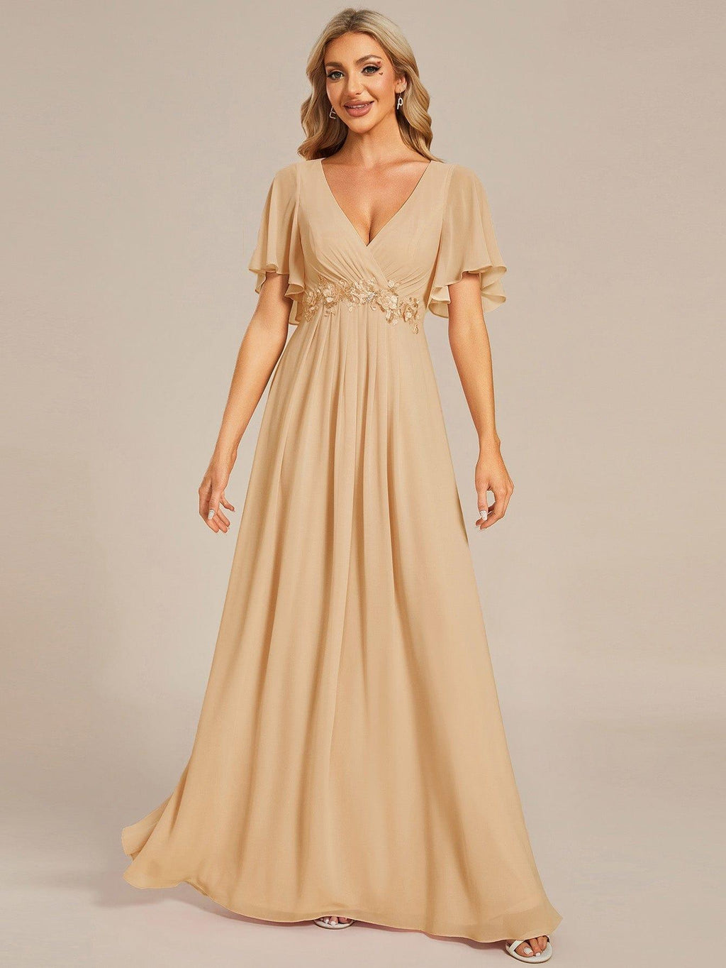 Glitzerndes A-Linien-Abendkleid mit Empire-Taille und langen Laternen?rmeln #farbe_Champagner