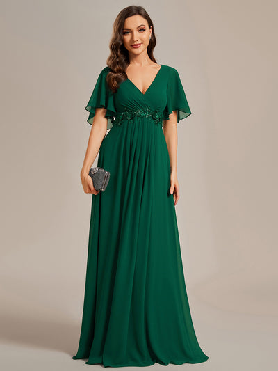 Funkelndes Abendkleid in A-Linie mit Empire-Taille und langen ?rmeln #farbe_Dunkelgrün