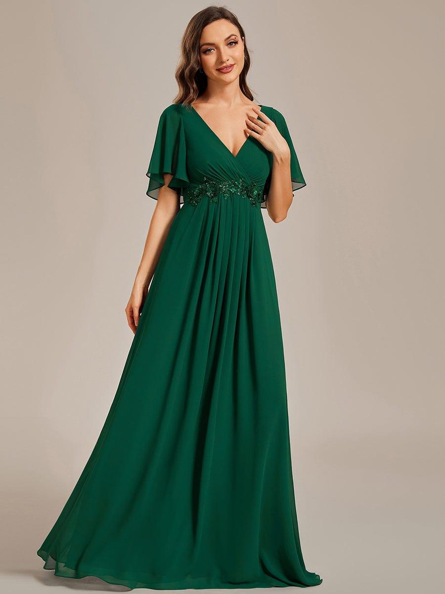 Funkelndes Abendkleid in A-Linie mit Empire-Taille und langen ?rmeln #farbe_Dunkel Gruen